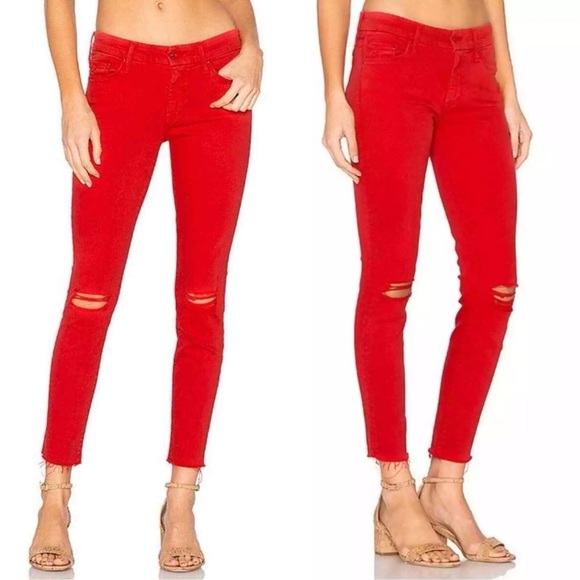 MOTHER x REVOLVE LOOKER ANKLE FRAY RED CAYENNE JEANS DENIM SIZE 27 HOT 🔥 $238 🔥 - Picture 1 of 16